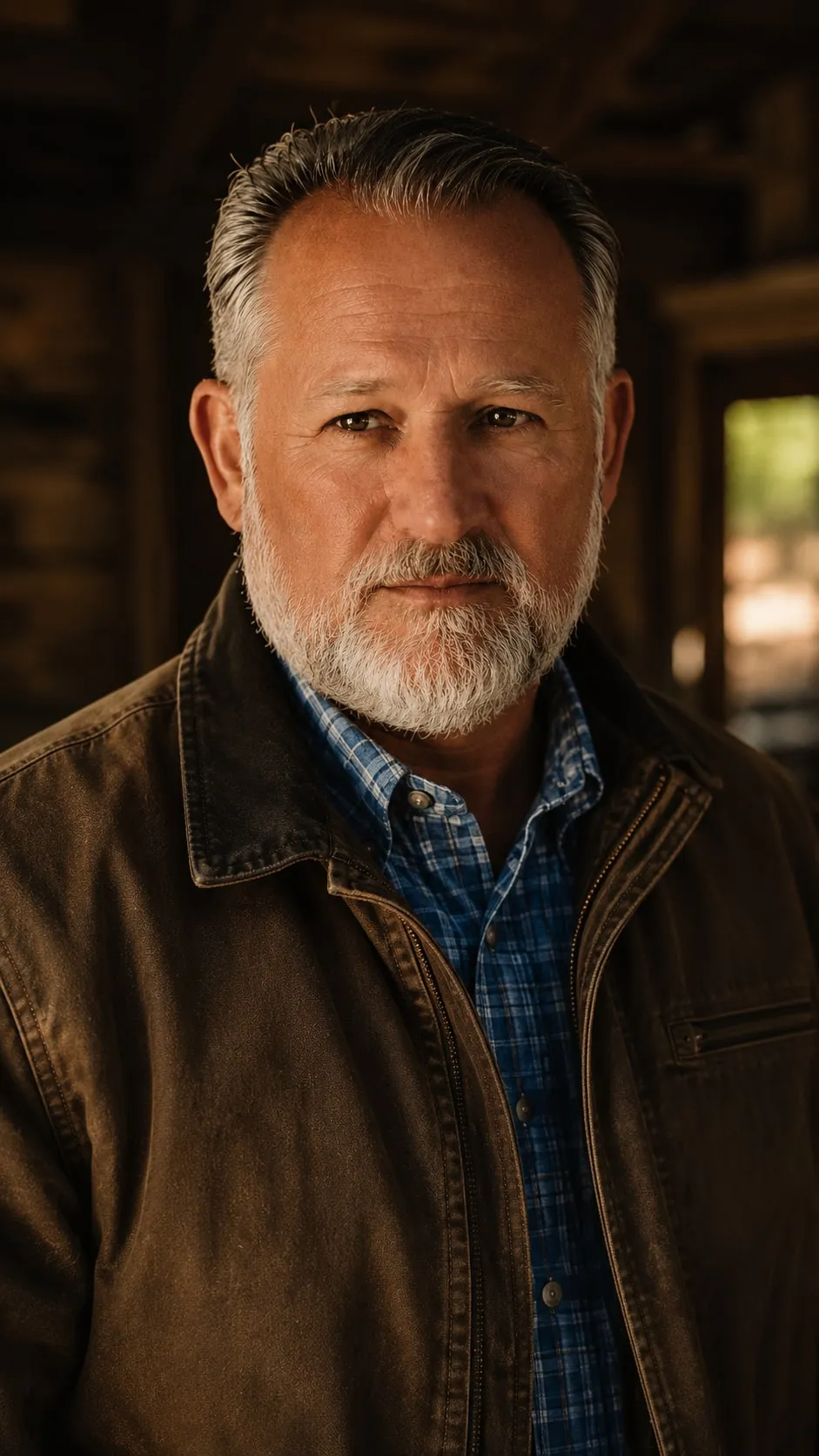 Bill Black, associate broker, photographed in a timber barn in a worn leather jacket and checked shirt.