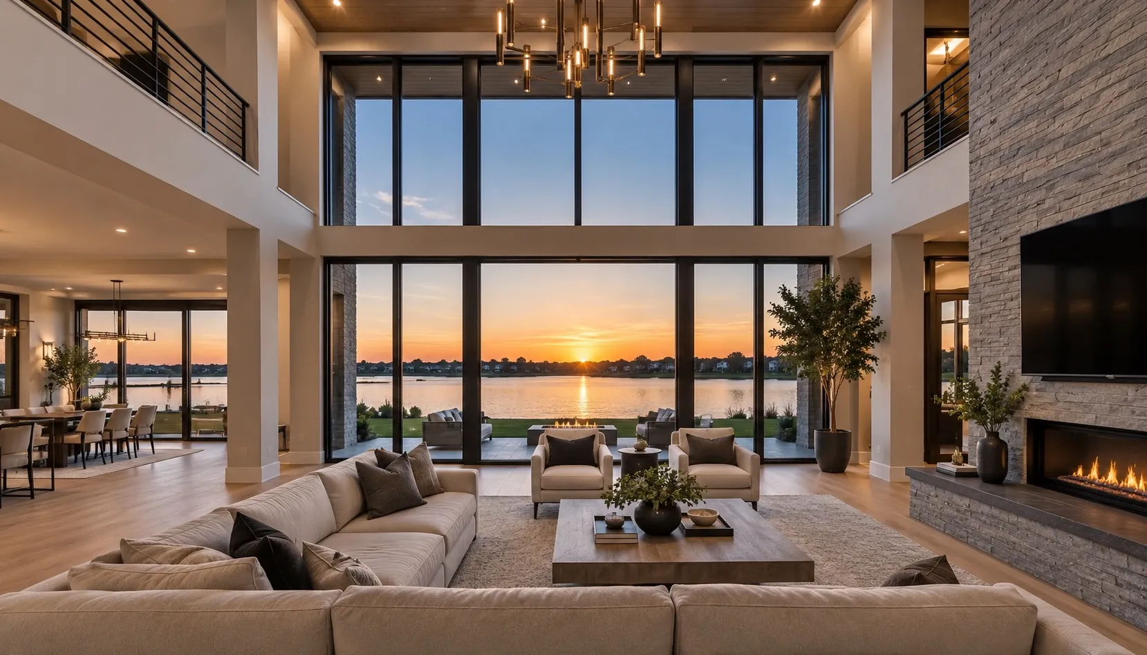 A two-storey great room with a full wall of west-facing glass looking over open water at sunset, a stacked-stone fireplace to the right and an open dining room beyond.
