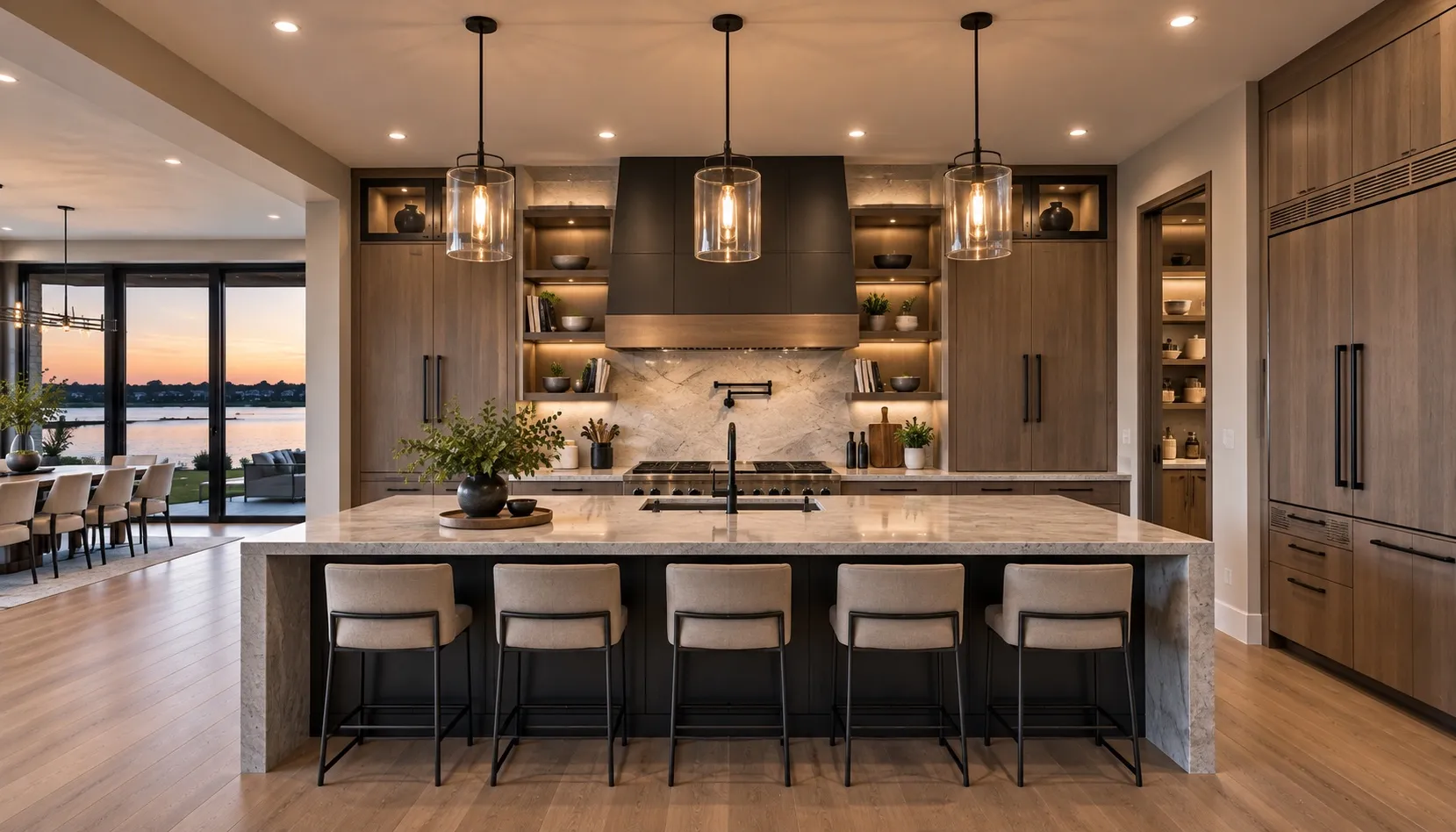 An open kitchen with a large stone-topped island seating five, three glass pendant lights, a professional range under a panelled hood and the lake visible through sliding doors beyond.