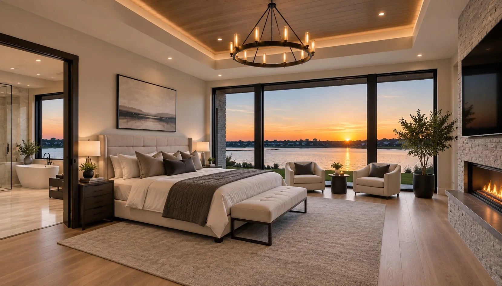A primary bedroom with an upholstered bed facing floor-to-ceiling windows onto the lake at sunset, a linear fireplace to the right and an ensuite bathroom through an open door to the left.