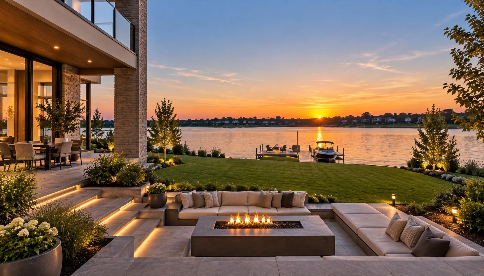 A stone terrace with built-in seating around a gas fire table, a lawn running down to a private dock with a boat moored, and the sun setting across open water.
