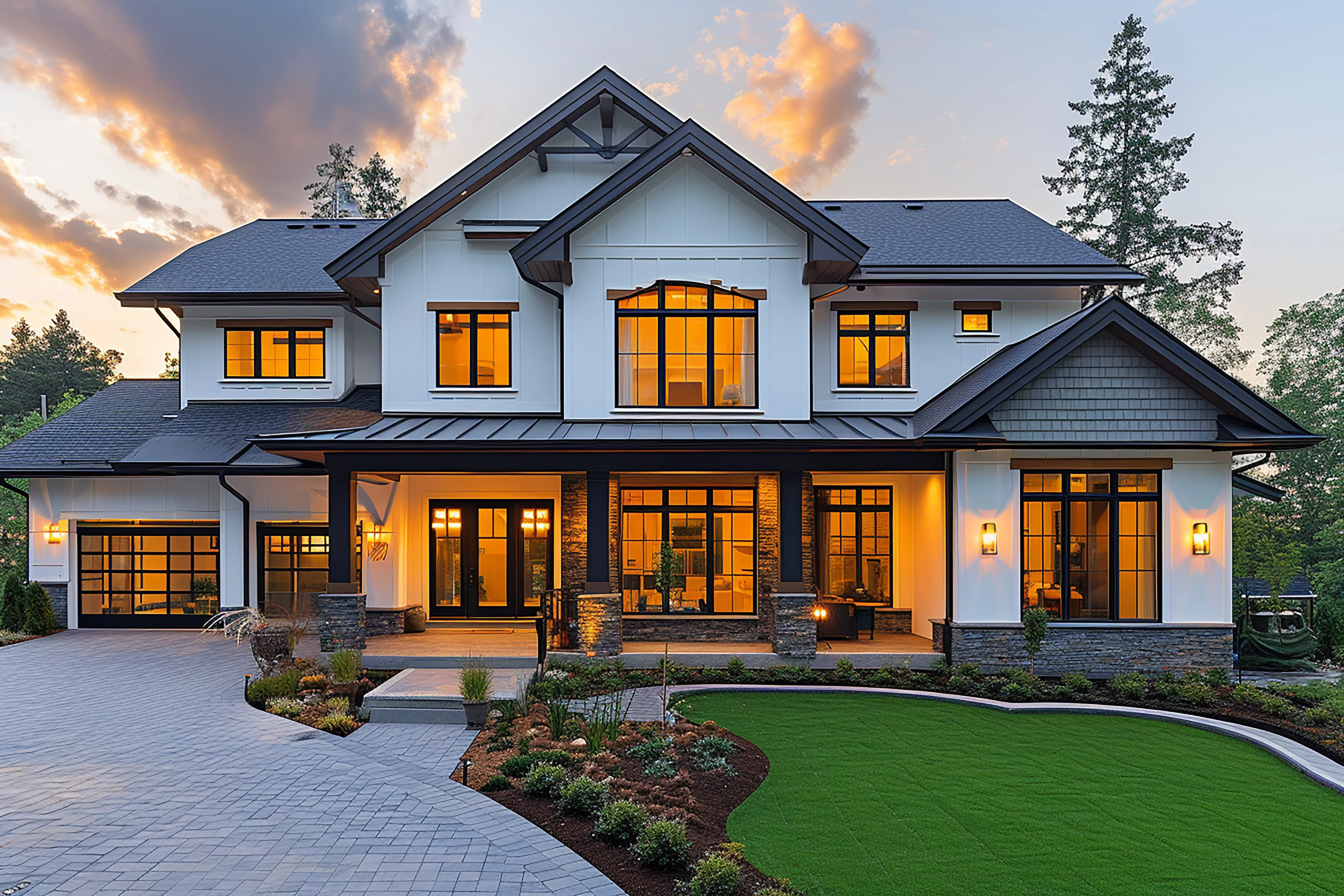 A large modern farmhouse at twilight, its windows glowing warm against a dusk sky, with board-and-batten siding, stone porch columns and a paved circular drive.