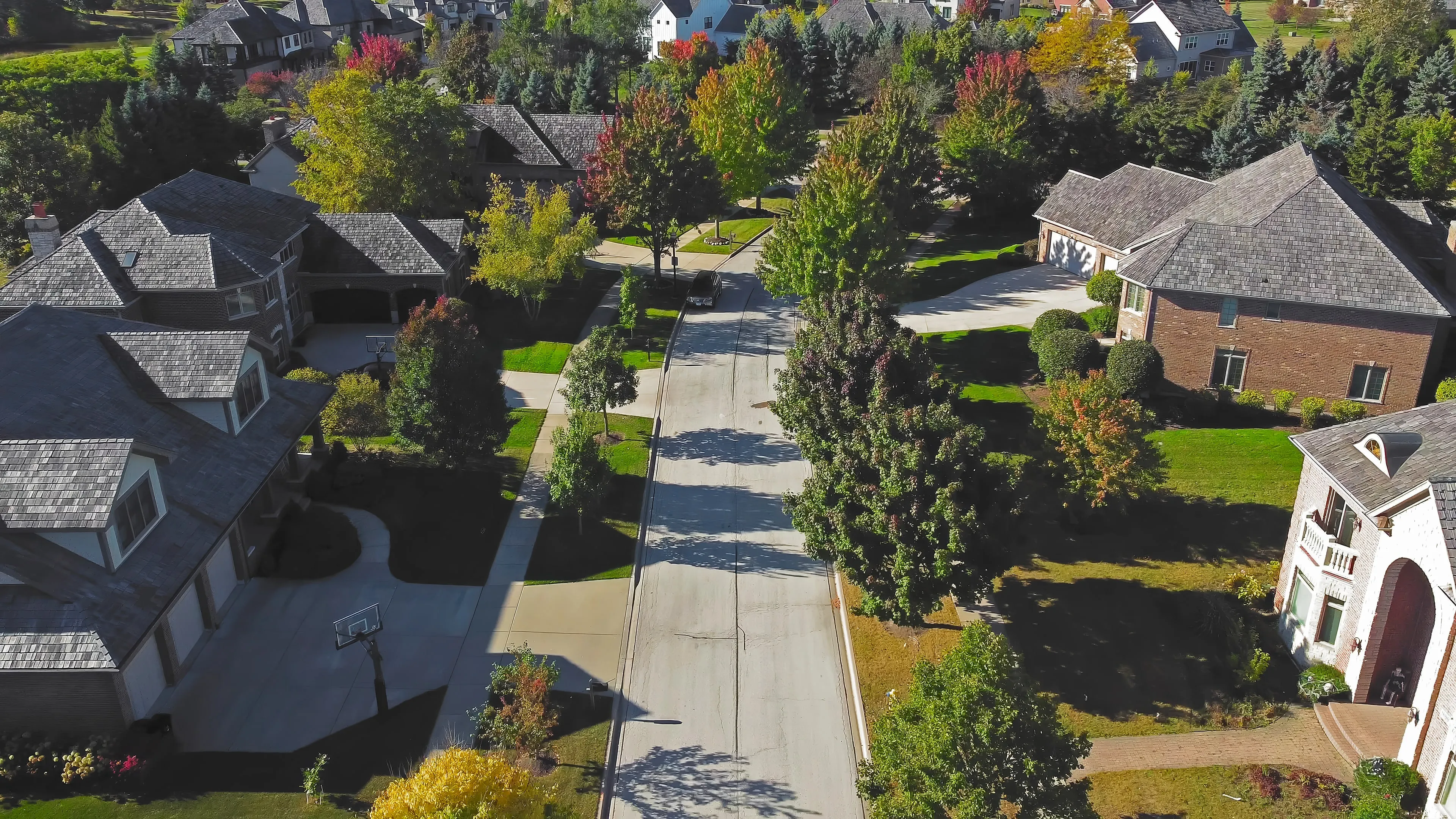 An aerial view along a quiet street of large custom homes on generous lots, the trees at the height of autumn color.